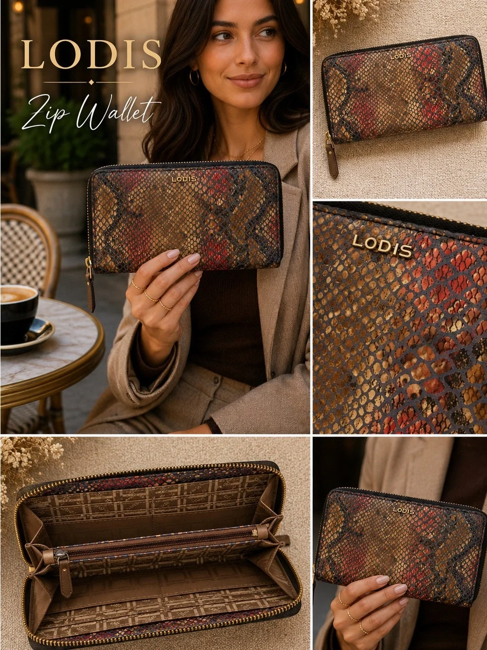 Lodis Embossed Snake Print Zip Around Wallet Brown Rust